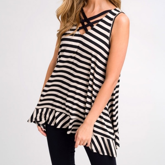 Black Striped Ruffle Hem Tunic Tank - Picture 4 of 5